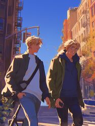 2boys ahoge america_(hetalia) apartment axis_powers_hetalia bag balcony black_bag black_jacket black_pants blonde_hair blue_eyes blue_hoodie blue_pants blue_sky building car cellphone city closed_mouth cowboy_shot day en_llll glasses green_eyes green_jacket grey-framed_eyewear hand_in_pocket highres holding holding_phone hood hoodie jacket jar lapels leaf long_sleeves looking_at_another male_focus motor_vehicle multiple_boys new_york_city open_clothes open_jacket outdoors pants phone plant puffy_long_sleeves puffy_sleeves road semi-rimless_eyewear shadow shirt short_hair sky smartphone smile t-shirt teeth traffic_light tree united_kingdom_(hetalia) walking white_shirt