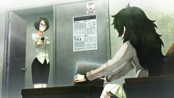 2girls aiming at_gunpoint black_hair black_skirt bob_cut breasts cleavage clothing_request collar collarbone collared_shirt computer dress ears_visible_through_hair from_side game_cg green_collar green_dress green_hair green_trim grey_jacket gun highres hiyajou_maho holding holding_gun holding_weapon huke indoors jacket jacket_over_dress judy_reyes kneehighs laptop long_hair long_sleeves mature_female medium_breasts messy_hair miniskirt multiple_girls official_art open_collar ringed_eyes shirt short_hair sitting skirt small_breasts socks steins;gate steins;gate_0 very_long_hair weapon white_socks