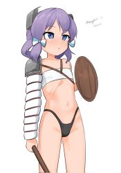 1girl alternate_costume armor bandeau bikini_armor blue_eyes dated feet_out_of_frame flat_chest headgear highres kantai_collection langley_(kancolle) maru_(marg0613) medium_hair one-hour_drawing_challenge purple_hair serious shield shoulder_armor simple_background solo twitter_username white_background white_bandeau
