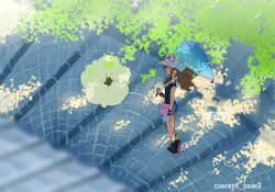 1girl baseball_cap boots brown_hair denim denim_shorts full_body gen_5_pokemon hat hilda_(pokemon) holding holding_umbrella looking_at_another nintendo nyagiratwist outdoors pokemon pokemon_(creature) pokemon_bw shorts stairs standing tree_shade umbrella whimsicott