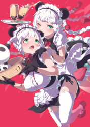 2girls absurdres animal_ears apron braid breasts bubble_tea china_dress chinese_clothes dress garter_belt garter_straps glasses green_eyes grey_hair highres maid maid_headdress mokuyama_hito multiple_girls one_eye_closed open_mouth original qi_maid shoes tassel thighhighs tray twin_braids white_hair white_thighhighs