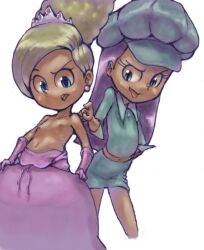 2girls brianna_buttowski clothes_pull conoghi dress dress_pull flat_chest kick_buttowski loli multiple_girls nipples penelope_patterson purple_dress