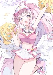 1girl :o absurdres alternate_costume alternate_hairstyle angel_wings arm_up blue_archive bow breasts cheering cowboy_shot crop_top dot_nose eyelashes feathered_wings hair_ornament halo hanae_(blue_archive) hanae_(cheer_squad)_(blue_archive) heart_sticker high_tops highres holding holding_pom_poms jumping light_blush long_hair looking_at_viewer low_wings medium_breasts midriff mika_(blue_archive) miniskirt navel open_mouth pink_hair pink_shoes pleated_skirt pom_pom_(cheerleading) pom_poms purple_halo sailor_collar shirt shoes sidelocks simple_background skirt sleeveless sleeveless_shirt sneakers solo star_sticker sticker_on_face sticker_on_shoulder sweat trinity_cheerleader_outfit_(blue_archive) utakapen very_long_hair visor_cap waist_bow white_background white_sailor_collar white_skirt wings yellow_eyes yellow_pom_poms