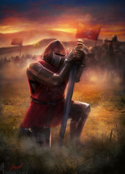 6+others arm_guards armor baldurrka battle battle_of_grunwald belt bird blue_sky blurry clothing_request coat_of_arms depth_of_field dusk eagle english_text flag gloves gradient_sky grand_duchy_of_lithuania grass grey_helmet haze helmet highres hill historical_event holding holding_sword holding_weapon horse horseback_riding kneeling knight landscape lithuanian_flag multiple_others on_one_knee orange_sky planted planted_sword planted_weapon poland polish_army real_life red_flag red_shirt red_sky riding shirt signature sky smoke sword warrior watermark weapon yellow_sky
