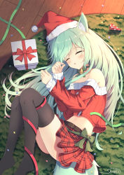 1girl animal_ears bare_shoulders bell blush christmas closed_eyes fox_ears gift green_hair hat highres long_hair lying mat on_side original plaid santa_hat shi6kurutto signature skirt sleeping solo tail thighhighs thighs wooden_floor