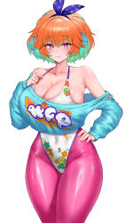 1girl absurdres breasts cleavage covered_navel erorange fever_night_(hololive) highleg highleg_leotard highres hololive hololive_english huge_breasts leggings leotard multicolored_hair off_shoulder official_alternate_costume orange_hair pink_leggings purple_eyes simple_background smile solo takanashi_kiara takanashi_kiara_(fever_night) thick_thighs thighs virtual_youtuber wide_hips