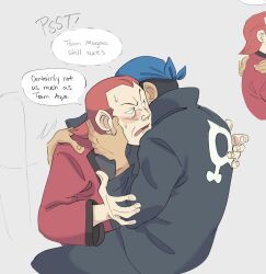 Rule 34 | 2boys, archie (pokemon), bandana, black hair, black pants, black shirt, blue bandana, coat, commentary, english text, grey background, hand on another&#039;s back, hand on another&#039;s shoulder, hands up, highres, logo, lynn (daisiloou), male focus, maxie (pokemon), multiple boys, multiple views, nintendo, open mouth, pants, pokemon, pokemon rse, red coat, red hair, shirt, short hair, speech bubble, sweat, team aqua, tongue