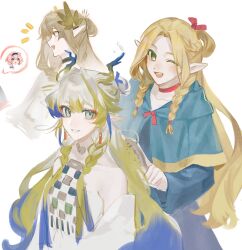 4girls :d ;d absurdres arknights bare_shoulders blonde_hair blue_dress braid brown_hair brushing_another&#039;s_hair brushing_hair capelet chinese_commentary choker comb commentary_request dress dungeon_meshi earrings elf eyeliner goldenglow_(arknights) green_capelet green_eyes grey_hair grin hair_between_eyes highres holding holding_comb jacket jewelry long_sleeves looking_ahead looking_at_viewer makeup marcille_donato muelsyse_(arknights) multicolored_hair multiple_girls necklace notice_lines off_shoulder one_eye_closed open_mouth orange_eyeliner pink_hair pointy_ears profile purple_hair red_choker shu_(arknights) simple_background sketch smile strapless tongxi65938_(mo_zuoren) tube_top twin_braids white_background white_jacket white_tube_top