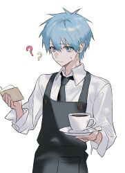 ? ?? apron aqua_eyes aqua_hair black_apron blue_pupils closed_mouth coffee_mug collared_shirt cup hair_between_eyes highres holding holding_cup kuroko_no_basuke kuroko_tetsuya long_sleeves looking_at_object mug notebook shirt short_hair simple_background sweat upper_body white_background white_shirt yuuuuuue131