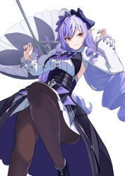 1girl ahoge black_nails black_pantyhose black_shoes closed_mouth dress grey_hair highres long_hair looking_at_viewer mole mole_under_eye nail_polish oramustat pantyhose red_eyes shoes simple_background solo umbrella vivian_banshee white_background white_dress zenless_zone_zero