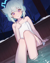 Rule 34 | 1girl, animal ears, aqua hair, bare arms, blue archive, blue halo, blush, closed mouth, halo, highres, holypotato0, naked towel, night, onsen, purple eyes, shigure (blue archive), short hair, sitting, soaking feet, solo, towel, water, weasel ears