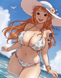 1girl :d arm_tattoo bare_shoulders bikini bird blue_sky bracelet breasts brown_eyes cleavage cloud cloudy_sky collarbone commentary cowboy_shot curvy day earrings english_commentary flower flower_hat halterneck hat hat_flower hat_ribbon hiyozuki horizon jewelry large_breasts log_pose long_hair looking_at_viewer nami_(one_piece) navel ocean one_piece open_mouth orange_hair outdoors partially_submerged pearl_earrings polka_dot polka_dot_bikini ribbon shoulder_tattoo side-tie_bikini_bottom sky smile solo stomach straw_hat sun_hat swimsuit tattoo very_long_hair wading water wavy_hair white_bikini white_hat
