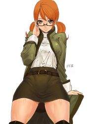 1girl ashiomi_masato breasts final_fantasy final_fantasy_iii long_hair looking_at_viewer refia scholar_(final_fantasy) simple_background skirt solo thighhighs white_background