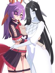 Rule 34 | 2girls, absurdres, anse 04, bandages, belt, black hair, blush, breast press, breasts, broken heart, choker, commission, commissioner upload, dress, eyepatch, fingerless gloves, fishnet gloves, fishnet panties, fishnet pantyhose, fishnets, garter belt, garter straps, ghost hair ornament, gloves, grey eyes, hair between eyes, hair over one eye, heart, heart-shaped pupils, highres, hug, large breasts, long hair, looking at viewer, mercy modiste, multiple girls, panties, pantyhose, purple hair, red eyes, ribbon, scissors hair ornament, selfcest, showgirl skirt, skirt, symbol-shaped pupils, underwear, vallure