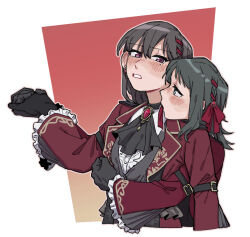 Rule 34 | 2girls, ascot, bang dream!, bang dream! it&#039;s mygo!!!!!, black ascot, black gloves, black hair, blue eyes, blush, brown hair, coat, criangle k., gloves, gradient background, hair ribbon, holding hands, hug, hug from behind, long hair, long sleeves, mole, mole under eye, multiple girls, open mouth, purple eyes, red background, red brooch, red coat, red ribbon, ribbon, shiina taki, upper body, white background, yahata umiri, yuri