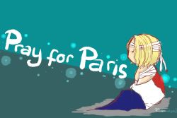 1boy absurdres artist_request axis_powers_hetalia bandages blonde_hair blood deep_wound english_text flag france france_(hetalia) french_flag highres injury male_focus paris personification sitting solo twitter_username