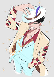 1boy absurdres amayado_rei beard_stubble black_hair chain cheekbones collarbone collared_shirt cropped_legs cross cross_necklace facial_hair fedora formal_clothes from_above gold_chain green_eyes grin hand_in_pocket hand_on_headwear hat hat_feather hat_over_one_eye highres hypnosis_mic jewelry looking_at_viewer male_focus mature_eyes mature_male multiple_necklaces mustache_stubble necklace panpa59 partially_unbuttoned pectoral_cleavage pectorals scar scar_across_eye scar_on_face shirt short_hair signature smile snake_print solo sparkle stubble suit thick_eyebrows v-shaped_eyebrows watermark wavy_hair white_suit