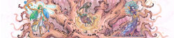 Rule 34 | 3girls, black hair, blonde hair, chain, drachenmagier, dress, eyes visible through hair, flower, full body, gold chain, green eyes, green hair, hair flower, hair ornament, highres, holding, holding staff, kid icarus, kid icarus uprising, long hair, long image, medusa (kid icarus), multiple girls, nintendo, palutena, red dress, shield, snake hair, staff, traditional media, very long hair, viridi, wide image