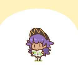 1boy ? animated animated_gif baseball_cap black_eyes black_headwear champion_uniform chibi dark_skin facial_hair goatee hat head_tilt leon_(pokemon) long_hair lowres nintendo pokemon pokemon_(anime) pokemon_journeys purple_hair smile two-tone_background yomodaya