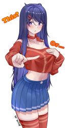 Rule 34 | 1girl, absurdres, blue eyes, blue hair, blue skirt, blush, bow, bow choker, breasts, choker, covering breasts, covering privates, crop top, crop top overhang, cropped shirt, diguo keran wu, english text, feet out of frame, fingernails, hair ornament, hairclip, highres, kind mita (miside), long hair, long sleeves, looking at viewer, medium breasts, meme, midriff, miniskirt, miside, mita (miside), mixed-language commentary, navel, one finger selfie challenge (meme), open mouth, pleated skirt, red bow, red choker, red shirt, red thighhighs, shirt, simple background, skirt, solo, standing, thighhighs, thighs, white background