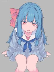Rule 34 | 1girl, blue hair, dress, highres, knees, kotonoha aoi, looking at viewer, open mouth, pink eyes, sailor dress, semicolonize, solo, voiceroid