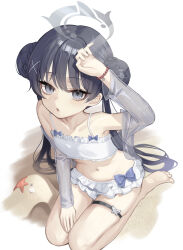 1girl :o absurdres arm_above_head arm_up bare_legs bare_shoulders barefoot bikini black_hair blue_archive blue_bow bow bow_bikini braid braided_bun collarbone commentary ddungddang double_bun feet frilled_bikini frills full_body grey_halo hair_between_eyes hair_bun halo hand_on_own_thigh highres kisaki_(blue_archive) korean_commentary layered_bikini loli long_hair long_sleeves looking_at_viewer navel open_mouth sand see-through_clothes see-through_sleeves seiza simple_background sitting soles solo starfish swimsuit thigh_strap thighs toes twintails very_long_hair white_background white_bikini