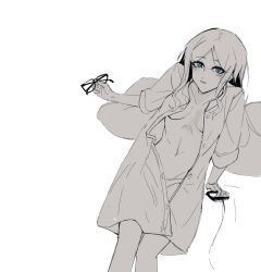 1girl absurdres bang_dream! bang_dream!_it&#039;s_mygo!!!!! blue_eyes blush breasts chinese_commentary cleavage collared_shirt commentary_request cushion e-fa-dorn glasses greyscale highres holding holding_leash holding_removed_eyewear leash long_sleeves looking_at_viewer medium_breasts monochrome nagasaki_soyo open_mouth panties parted_lips shirt sitting solo spot_color underwear unworn_eyewear