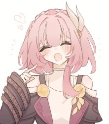 Rule 34 | 1girl, ame 00531, blush stickers, cyrene (honkai: star rail), dress, hair ornament, heart, honkai: star rail, honkai (series), open mouth, pink hair, purple dress, short hair, simple background, smile, solo, upper body, white background