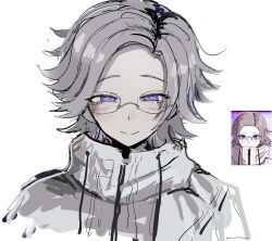 1boy absurdres aotsuki_eito blue_eyes blush closed_mouth eyebrows eyelashes glasses highres looking_at_viewer male_focus portrait screenshot_inset simple_background smile solo solo_focus the_hundred_line_-last_defense_academy- upper_body white_background white_hair