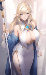 1girl absurdres baketsu blonde_hair blue_eyes blue_gemstone breast_curtains breasts dress elf gem highres holding holding_staff large_breasts long_hair long_sleeves looking_at_viewer original pointy_ears solo staff very_long_hair white_dress