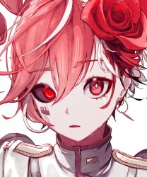 1girl android black_sclera colored_sclera earrings flower grey_jacket hair_between_eyes hair_flower hair_ornament highres jacket jewelry kasane_teto kasane_teto_(sv) kido360 lips looking_at_viewer mismatched_pupils portrait red_eyes red_trim shoulder_boards simple_background solo synthesizer_v utau white_background