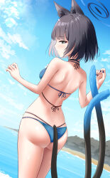 1girl animal_ear_fluff animal_ears ass back bikini black_eyes black_hair black_halo blue_archive blue_halo blue_nails blue_sky blush bright_pupils c.u.wa cat_ears cat_girl cat_tail closed_mouth commentary_request cowboy_shot day dutch_angle from_behind halo hands_up highres kikyou_(blue_archive) kikyou_(swimsuit)_(blue_archive) looking_at_viewer looking_back multi-strapped_bikini_bottom multi-strapped_bikini_top multiple_tails nail_polish ocean official_alternate_costume outdoors profile short_hair skindentation sky smile solo straight_hair swimsuit tail tail_raised two_tails w_arms white_pupils