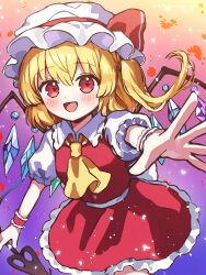 1girl ascot blonde_hair cowboy_shot crystal flandre_scarlet hat highres laevatein_(touhou) looking_at_viewer mob_cap nene_man open_mouth puffy_short_sleeves puffy_sleeves reaching reaching_towards_viewer red_eyes red_skirt red_vest short_sleeves side_ponytail skirt smile solo touhou vest wings wrist_cuffs yellow_ascot