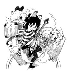 1girl animal animal_ears banana cat commentary_request denim denim_skirt electric_guitar food fox fox_ears fox_girl fox_tail fruit full_body glasses greyscale guitar hair_between_eyes highres holding holding_instrument instrument long_sleeves monochrome no_shoes original pantyhose parted_lips round_eyewear shirt simple_background skirt sleeves_past_wrists solo standing striped_clothes striped_shirt tail white_background yukimoto_shuuji_(gurigura)