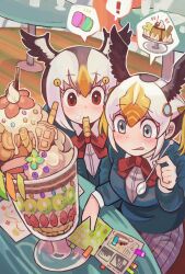 ! 2girls alternate_costume atlantic_puffin_(kemono_friends) bird_girl bird_tail bird_wings black_hair blonde_hair blue_eyes blue_jacket blush book bow bowtie collared_shirt eating food grey_skirt hair_between_eyes hair_bow head_wings highres igarashi_(nogiheta) jacket kemono_friends kemono_friends_3 long_sleeves multicolored_hair multiple_girls orange_hair parfait pleated_skirt red_bow red_bowtie red_eyes school_uniform shirt sidelocks sitting skirt spoken_exclamation_mark spoon table tail tufted_puffin_(kemono_friends) white_hair white_shirt wings