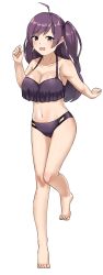1girl absurdres ahoge bikini blush breasts brown_eyes full_body garylin hagikaze_(kancolle) highres kantai_collection long_hair looking_at_viewer medium_breasts one_side_up open_mouth purple_bikini purple_hair simple_background smile solo swimsuit white_background