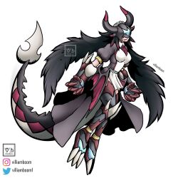 Rule 34 | 1girl, black dress, black hair, black horns, breasts, commission, digimon, digimon (creature), dragon girl, dragon horns, dragon tail, dragon wings, dress, fang, full body, highres, horns, house dragonmaid, low wings, medium breasts, oridigi, simple background, solo, tail, villiam boom, white background, wings, yu-gi-oh!
