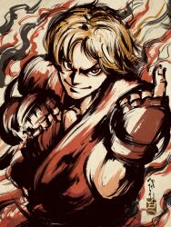 Rule 34 | 1boy, absurdres, blonde hair, brown eyes, brown gloves, cowboy shot, dougi, fingerless gloves, fire, gloves, highres, ink wash painting, ken masters, male focus, pe51illust, red tunic, solo, street fighter, tunic