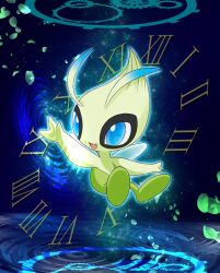 antennae blue_eyes celebi commentary_request fairy_wings full_body gears gen_2_pokemon highres leaf legendary_pokemon maiko_(mimi) mythical_pokemon nintendo open_mouth pokemon pokemon_(creature) pokemon_focus ripples roman_numeral smile solo wings