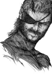 1boy beard eyepatch facial_hair greyscale imizu_(nitro_unknown) male_focus metal_gear_(series) metal_gear_solid_v:_the_phantom_pain monochrome mullet portrait scar scar_across_eye scar_on_face smirk solo venom_snake