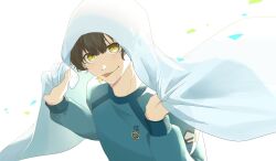 Rule 34 | 1boy, bachira meguru, black hair, blanket, blonde hair, blue lock, closed mouth, colored inner hair, highres, holding, holding blanket, long sleeves, looking at viewer, male focus, multicolored hair, official alternate costume, short hair, simple background, solo, streaked hair, tomagore, tongue, tongue out, two-tone hair, upper body, white background, yellow eyes