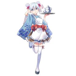 Rule 34 | 1girl, :p, absurdres, alternate hairstyle, amagami-san chi no enmusubi, amagami asahi, apron, black footwear, blue eyes, blush, breasts, brown skirt, commentary request, double bun, floral print, floral print kimono, full body, hair bun, hair ribbon, hand in own hair, highres, holding, holding tray, japanese clothes, kimono, leg up, looking at viewer, maid, maid apron, marcey, polka dot, polka dot kimono, print kimono, ribbon, second-party source, simple background, skirt, small breasts, solo, tea set, thighhighs, tongue, tongue out, tray, white background, white hair, white thighhighs, zettai ryouiki