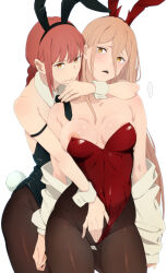 2girls absurdres animal_ear_hairband animal_ears areola_slip black_hairband black_leotard black_necktie blonde_hair braid braided_ponytail brown_pantyhose chainsaw_man clothing_aside commentary_request covered_navel detached_collar fake_animal_ears hair_between_eyes hairband highres horns leotard leotard_aside long_hair looking_at_viewer makima_(chainsaw_man) multiple_girls necktie nipples pantyhose playboy_bunny power_(chainsaw_man) rabbit_ears red_hair red_hairband red_horns red_leotard ringed_eyes sharp_teeth sidelocks simple_background standing strapless strapless_leotard teeth toraya_(doujintraya) white_background white_wrist_cuffs wrist_cuffs yellow_eyes yuri