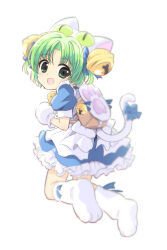 Rule 34 | 1girl, animal hat, anzu yoshihiro, backpack, bag, bell, blurry, boots, brown bag, cat hat, cat tail, dejiko, depth of field, di gi charat, full body, green eyes, green hair, hat, highres, jingle bell, mittens, open mouth, puffy short sleeves, puffy sleeves, short sleeves, simple background, solo, tail, white boots, white mittens