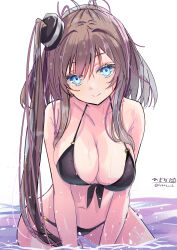 Rule 34 | 1girl, absurdres, bikini, black bikini, blue eyes, blush, breasts, brown hair, cowboy shot, hair between eyes, high side ponytail, highres, hizaka, kantai collection, large breasts, long hair, looking at viewer, one-hour drawing challenge, ponytail, saratoga (kancolle), side ponytail, signature, smile, solo, swimsuit, twitter username, water, wet, wet clothes, wet hair, wet swimsuit