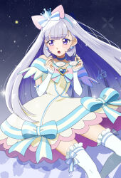 1girl :o absurdres blue-framed_eyewear blue_bow blue_bowtie blue_brooch blue_choker blue_crown blue_hairband bow bowtie brooch choker commentary_request crown crown_earrings cure_nyammy detached_sleeves dress dress_bow earrings europa_715 frilled_thighhighs frills hair_bow hairband heart heart_brooch highres holding holding_removed_eyewear jewelry long_hair long_sleeves magical_girl mini_crown nekoyashiki_yuki open_mouth pink_bow pink_bowtie precure purple_eyes purple_hair signature solo striped_bow thighhighs tilted_headwear two-tone_bow two-tone_bowtie unworn_eyewear very_long_hair white_bow white_dress white_sleeves white_thighhighs wonderful_precure!