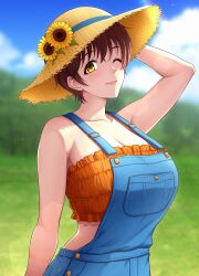 1girl ;) blue_overalls blue_sky blush breasts brown_eyes brown_hair cleavage closed_mouth cloud commentary_request day flower frills hat hat_flower highres idolmaster idolmaster_cinderella_girls large_breasts looking_at_viewer oikawa_shizuku one_eye_closed outdoors overalls pocket short_hair sky smile solo sun_hat umasan