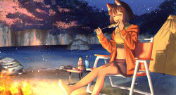 1girl ^_^ absurdres animal_ears bare_legs barefoot bottle brown_hair campfire camping camping_chair can cat_ears cat_girl cat_tail chair closed_eyes commission crop_top eating fangs fire fish_(food) folding_chair gami_(gami37260414) hair_ornament hairclip highres holding holding_skewer hood hood_down hoodie navel night night_sky on_chair open_clothes open_hoodie open_mouth original outdoors pitcher_(container) rock short_hair short_shorts shorts skeb_commission skewer sky solo stomach table tail tent water water_bottle