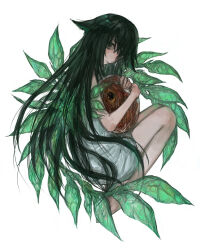 1girl 1other black_eyes black_hair blue_eyes disembodied_eye dress egg eldritch_abomination gbsaphira grey_dress highres hugging_object knees_up leaf long_hair saya_(saya_no_uta) saya_no_uta simple_background sleeveless sleeveless_dress very_long_hair white_background