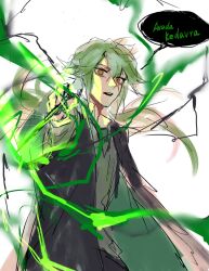 1boy alternate_costume aotu_world black_cape cape chinese_clothes english_text green_hair green_sweater_vest highres hogwarts_school_uniform holding holding_wand long_hair looking_at_viewer low_ponytail macchiato_bi_guanzhong magic male_focus multicolored_eyes open_mouth ponytail red_eyes school_uniform shirt simple_background sketch solo speech_bubble sweater_vest wand white_background xander_(aotu_world) yellow_eyes